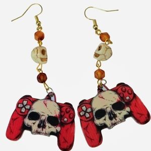 Halloween Skull Game Controller Earrings Howlite Skulls/Carnelian Beads NWOT